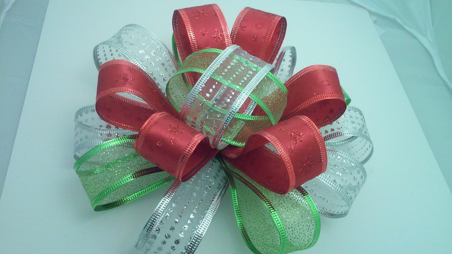 Red Green And Silver Giant Bow-Tree Topper - Christmas Decoration - ON SALE 50% off was 15