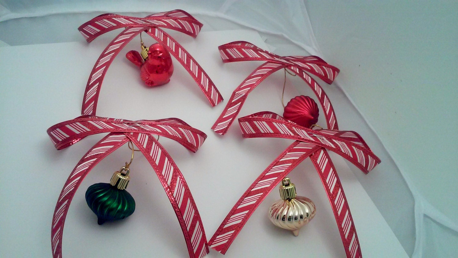 Candy Cane Bow Ornaments- Set Of 4 - Christmas Decoration - ON SALE 50% off was 14
