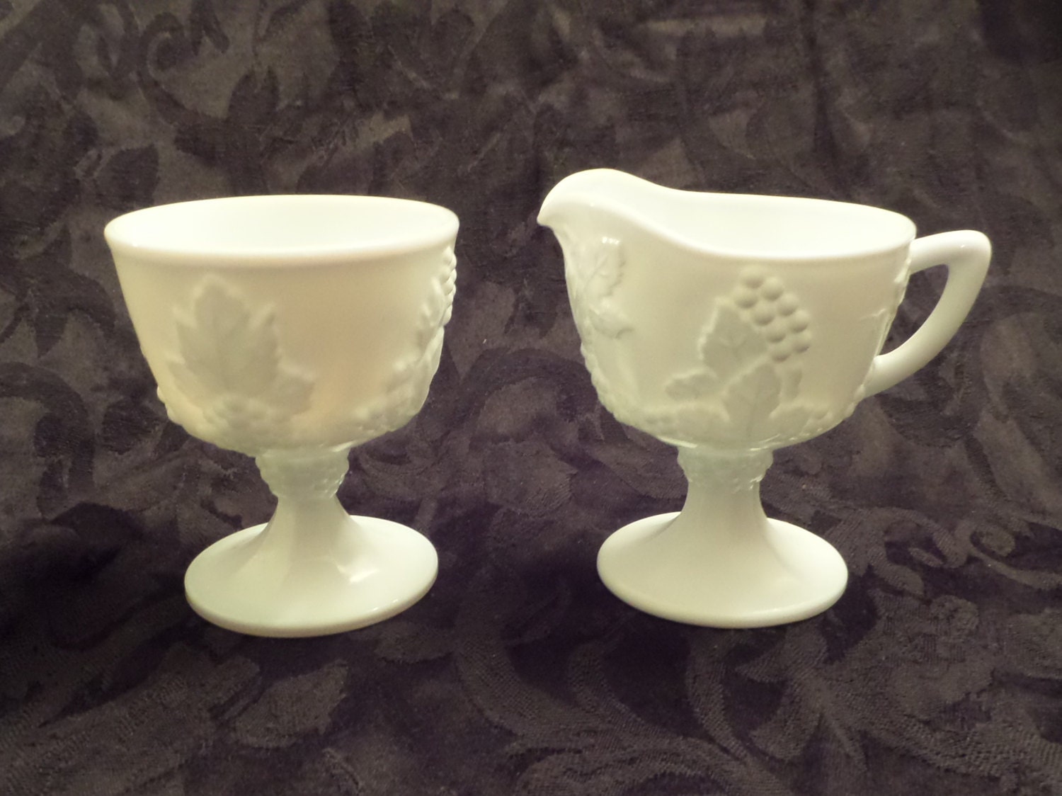 Vintage Milk Glass Creamer and Sugar Set Harvest Grapes Pattern