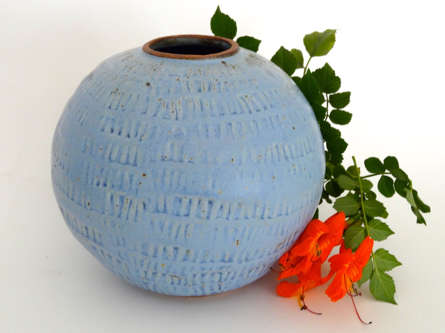 wheel thrown ceramic sphere vase in rustic blue glaze MADE TO