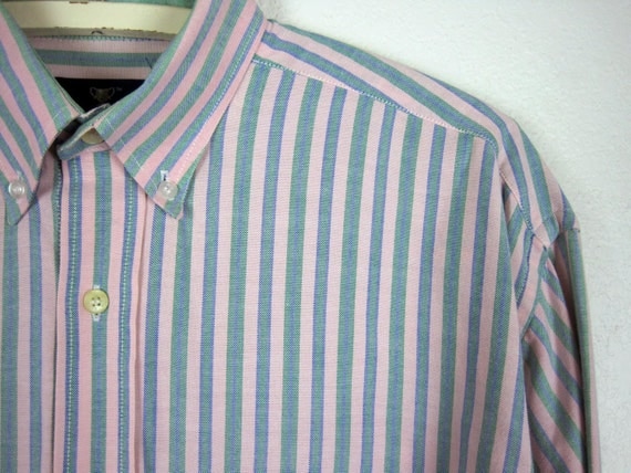Pink and Green Striped Long Sleeve Oxford Shirt by TroyanVintage