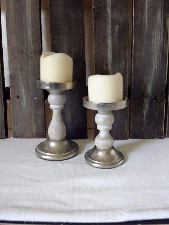 Candle holder pair vintage farmhouse silver and wood eco
