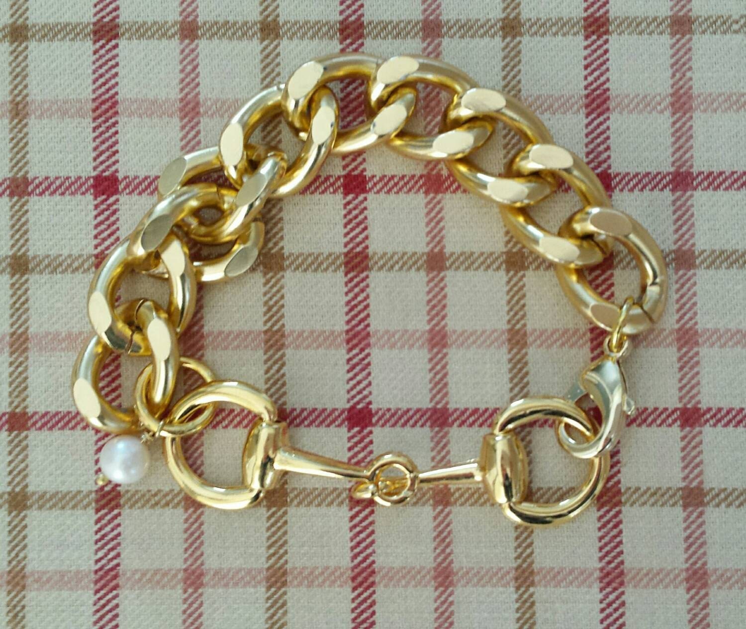 SALE Gold Snaffle Horse Bit w Curb Chain Bracelet-beautiful