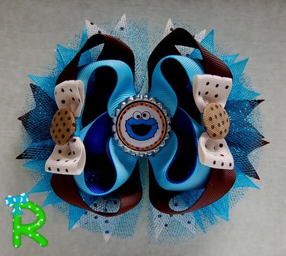 Cookie monster hair bow ott bow boutique blue by RoshelysBowtique