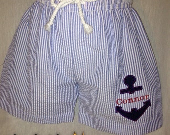 Seersucker swimsuit, monogrammed swimming trunks, personalized, anchor, blue, green