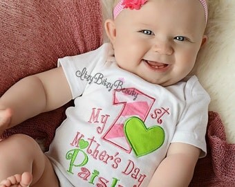 My first Mother's Day baby girl headband embroidered outfit pink green