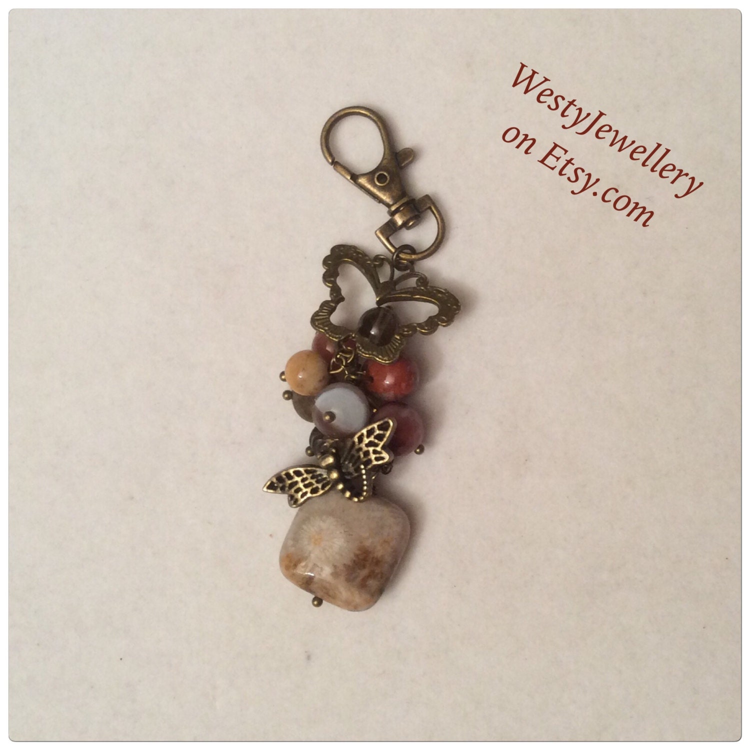 Handmade Genuine Gemstone Bag Charm Fossil Jasper Bag Charm