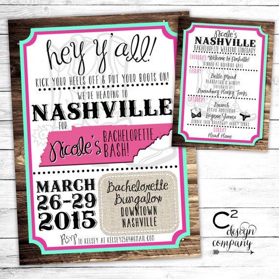 Mint/Pink Nashville Bachelorette Party Invitation with