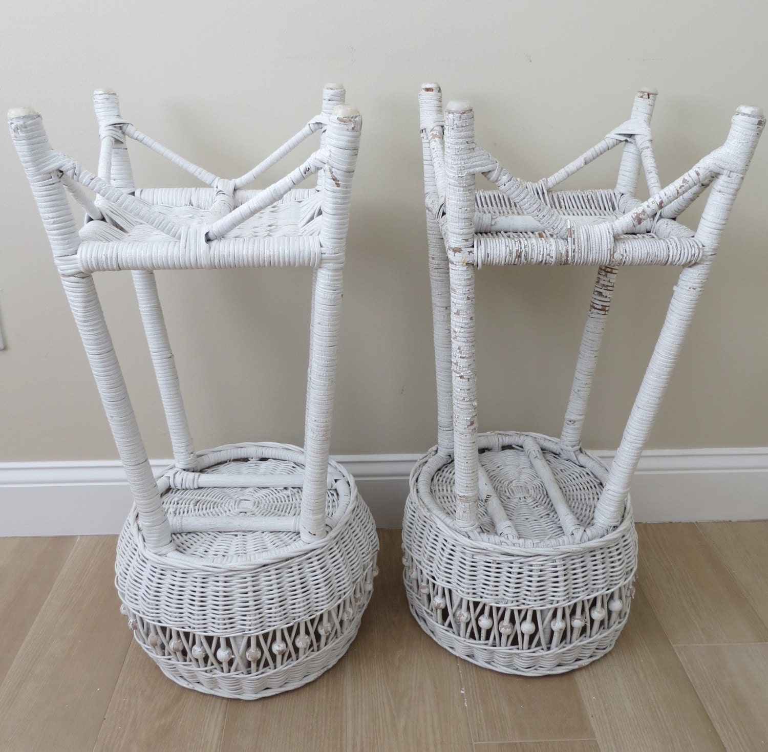Vintage White Wicker Plant Stands Wicker Basket Wood Beads