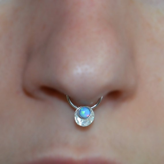 3mm Blue Opal Septum Ring - Silver Septum Jewelry - Nose Ring - Tragus Earring - Cartilage Hoop - Nipple Ring - Septum Hoop 18 gauge