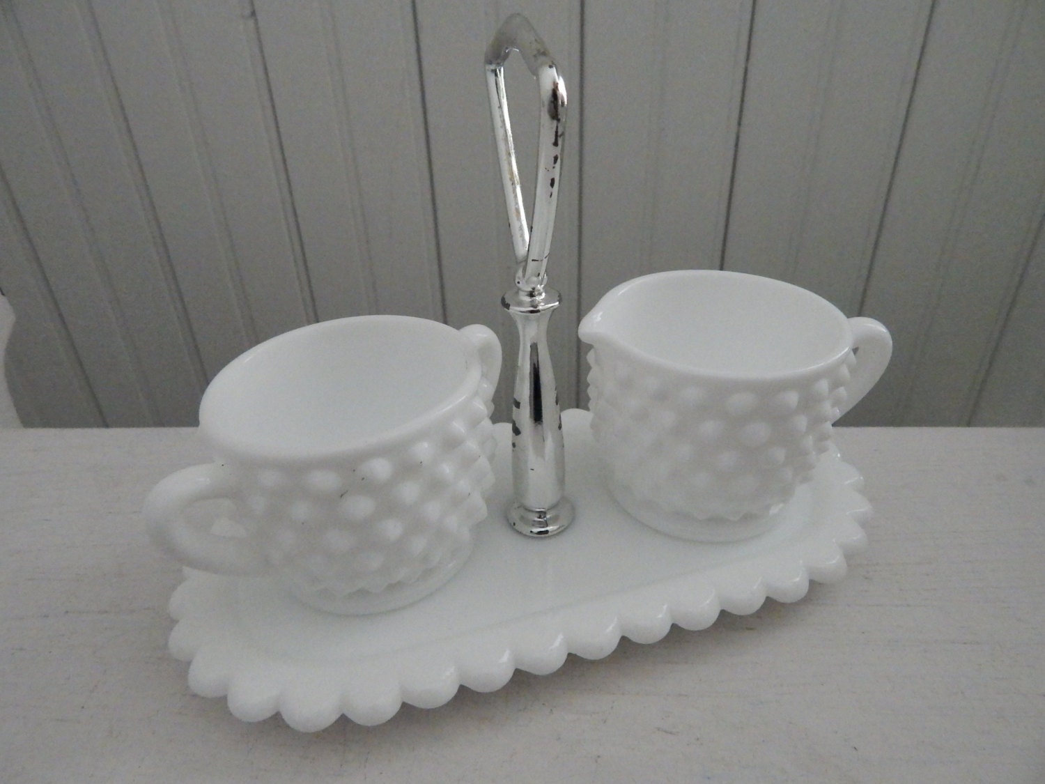 Mini Fenton Milk Glass Hobnail Sugar, Creamer Set with Matching Hobnail