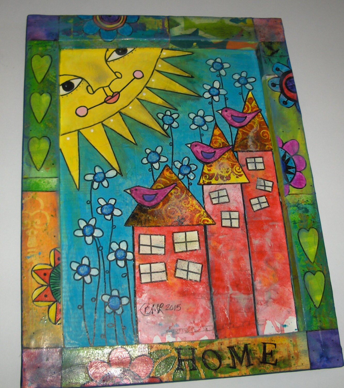 HOME Whimsical Outsider Folk Art sun row houses birds flowers