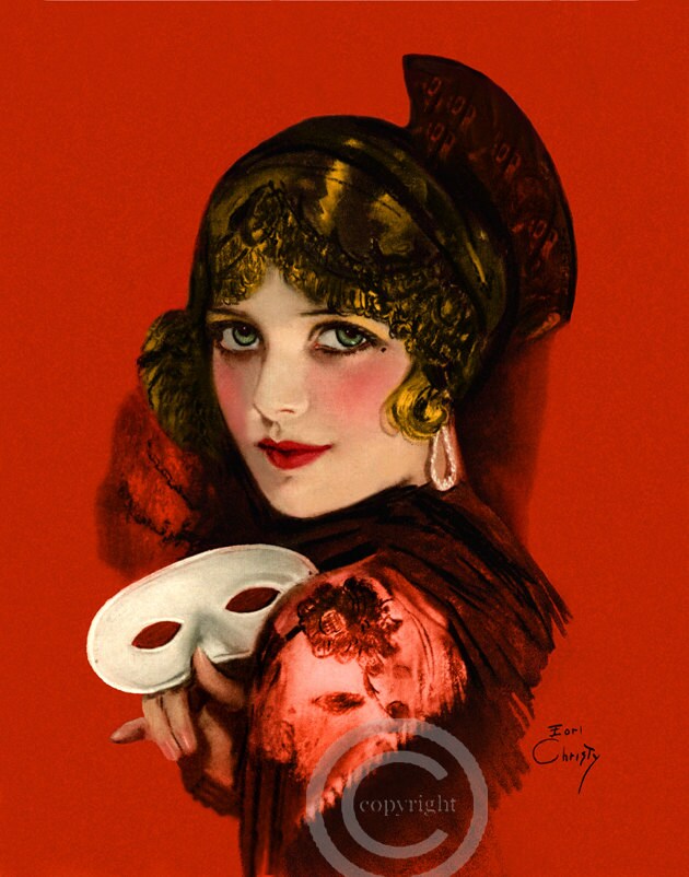 Beautiful Art Deco Spanish Flapper Print Holding a Mask