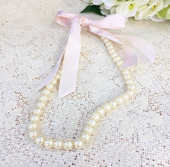 Vintage Pearl Necklace with pink ribbon cocktail costume