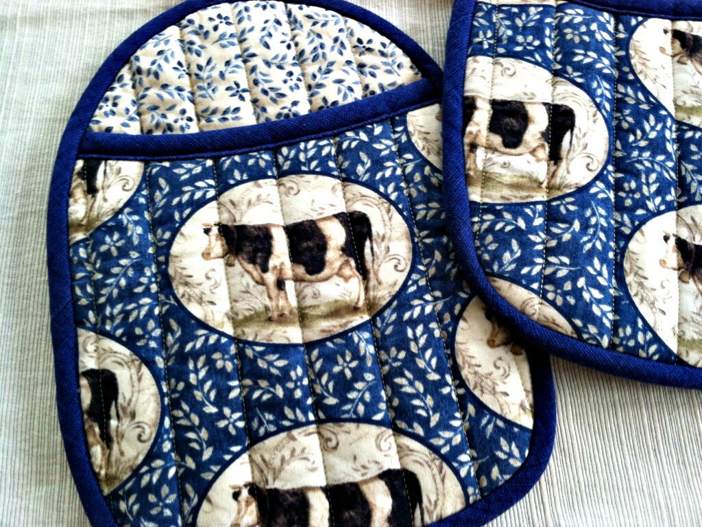 Download Quilted Pot Holders Hot Pads Oven Mitts with Cow Print and