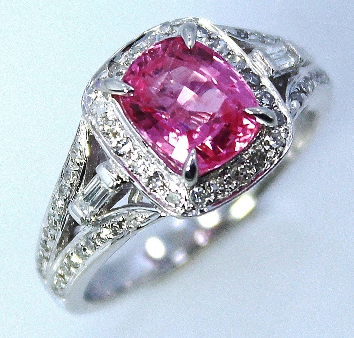 Platinum pink sapphire ring 2.10 ct cushion cut natural