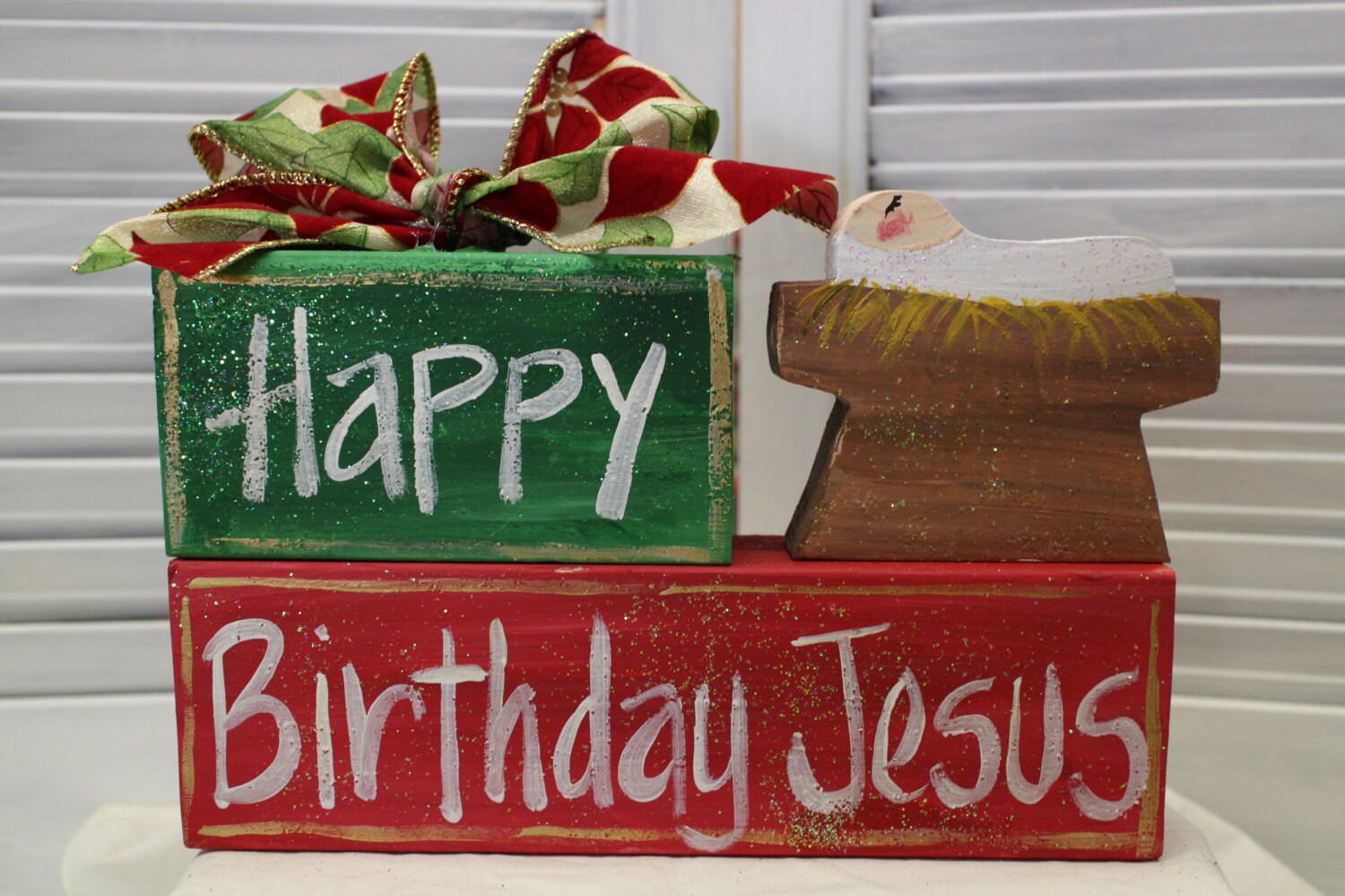 Happy Birthday Jesus Christmas Hand Painted Wood Block Set