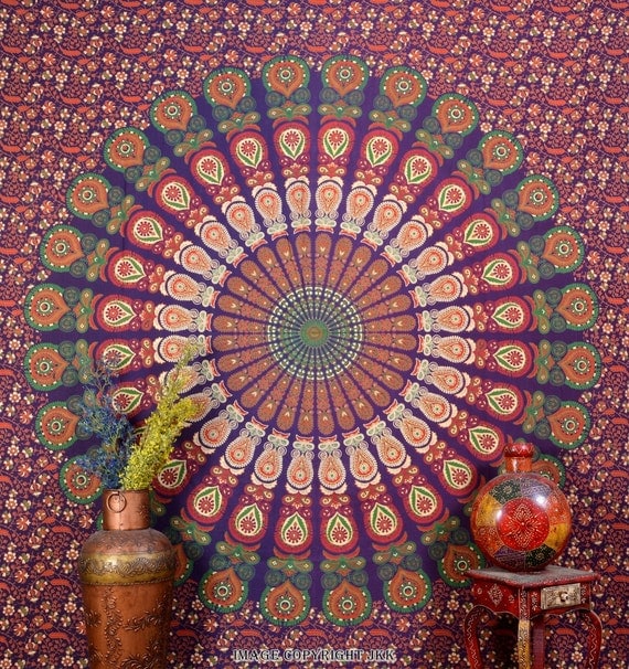Maroon Multicolored Mandala Tapestry Indian by JaipurKalaKendra