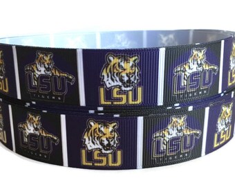7/8 inch Grosgrain LSU Ribbon, LSU Ribbon, Sports Ribbon, Sports Grosgrain, Bows, Lanyards, Trim, Grosgrain By The Yard by KC Elastic Ties