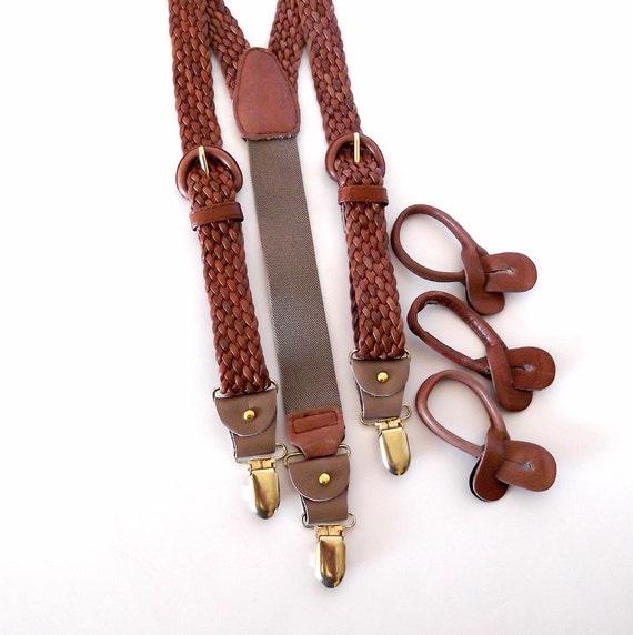 Braided Brown Leather Convertible Clip Suspenders Button