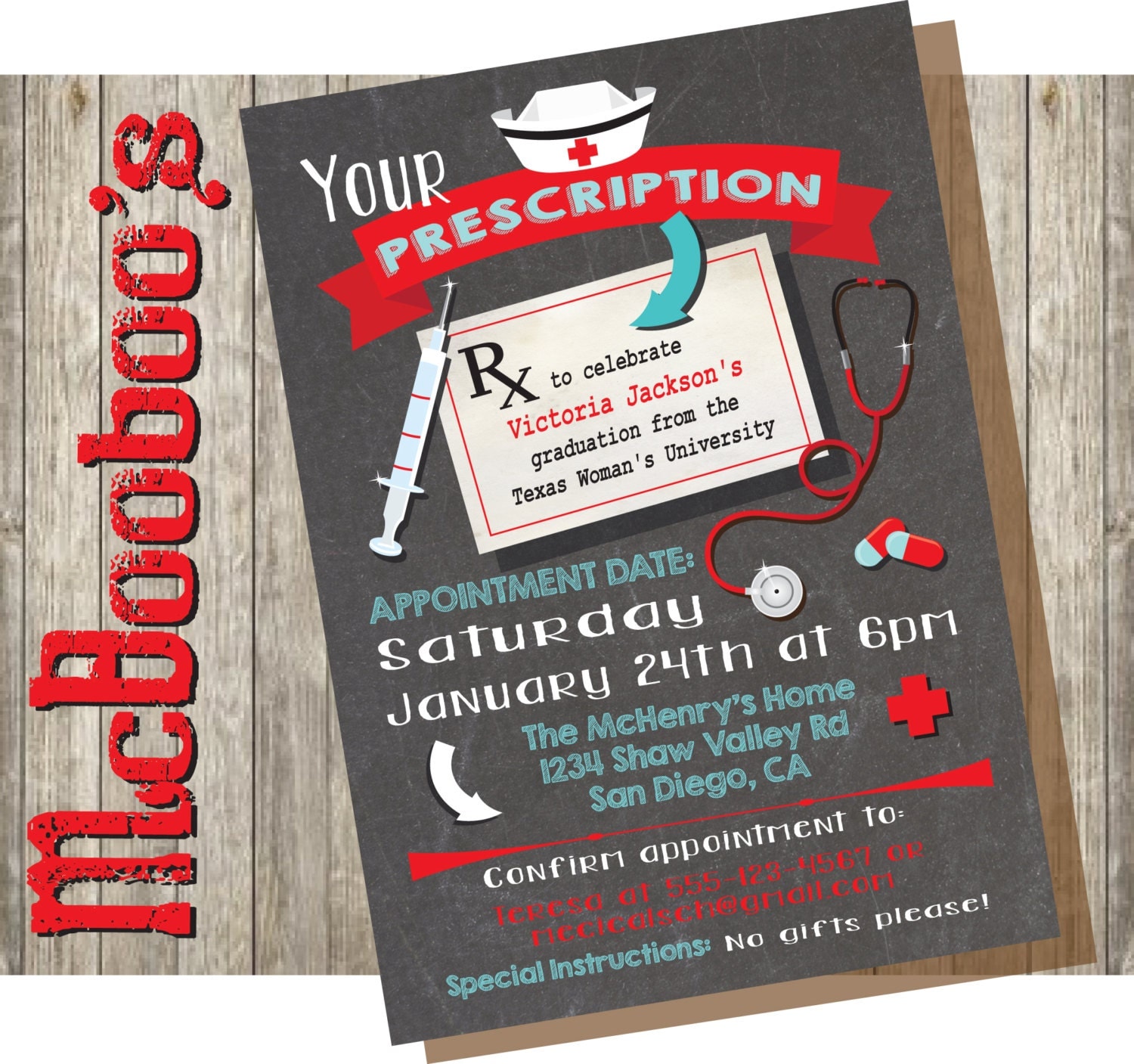 Nursing School Graduation Party Prescription on a chalkboard