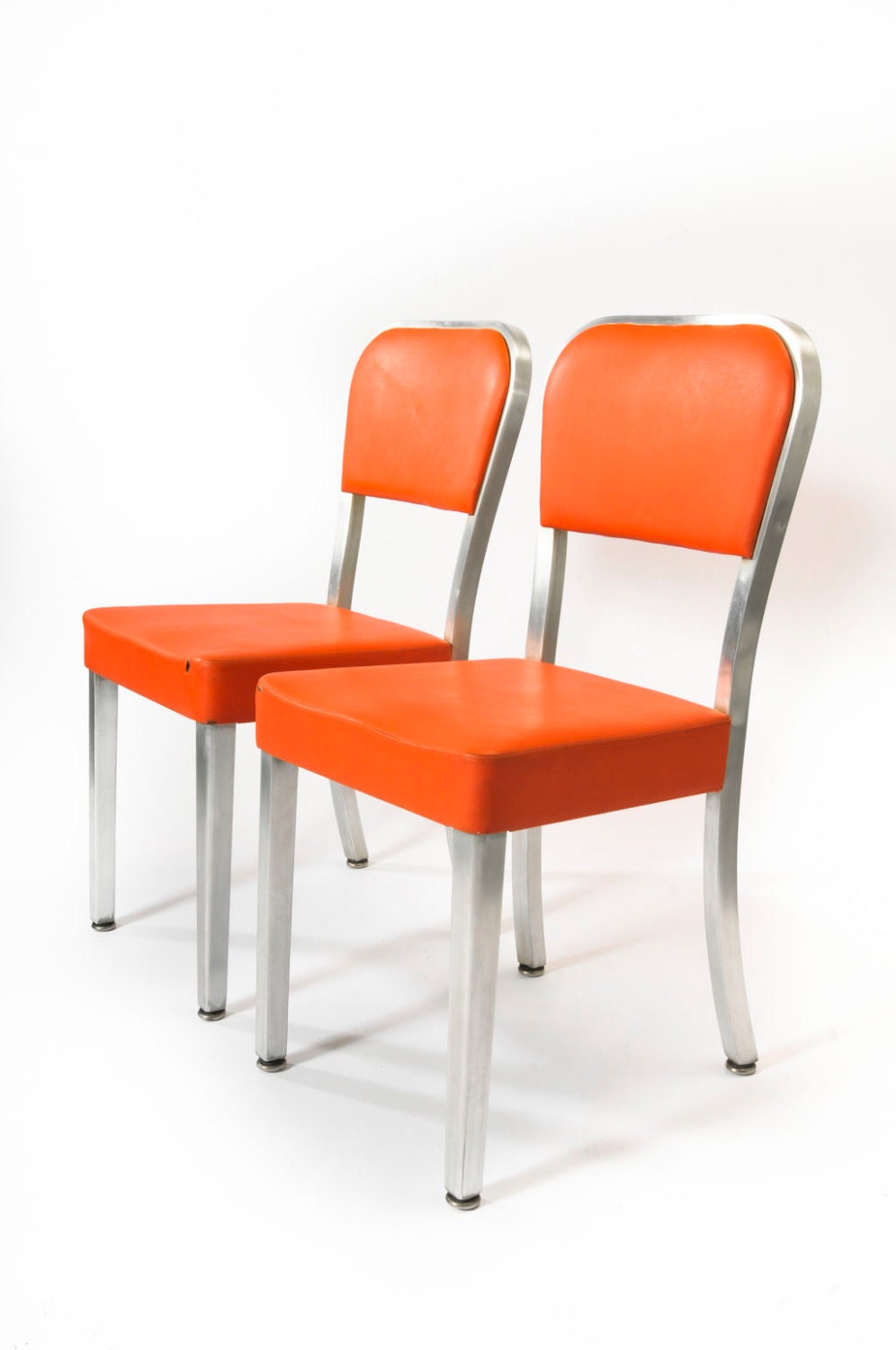 Vintage Industrial Machine Age Aluminum Metal Chairs Pair In Orange