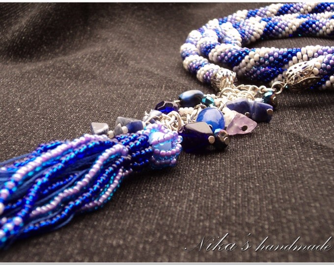 Women blue belt-lariat "Winter Mood" (length 84 см+chain length 9 см) with Czech beads, crystals and natural stones