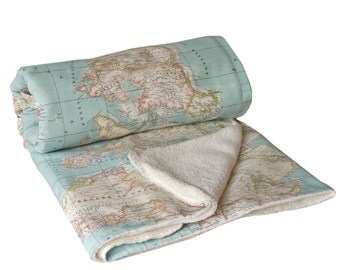 World Map Blanket, map blanket, blue blanket, baby map blanket, throw blanket, Dorm Blanket, Travel Blanket, globe blanket, gift travelers
