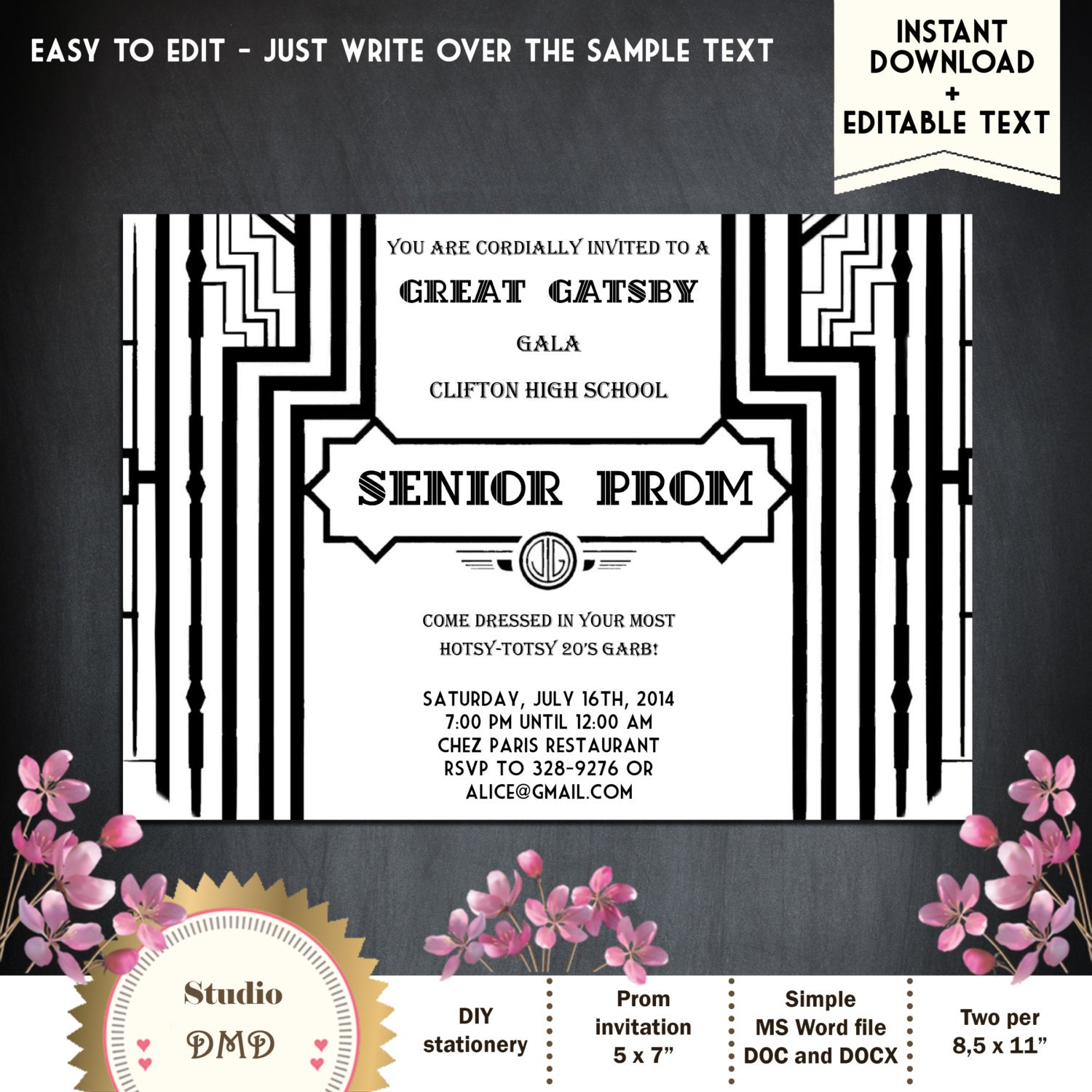 Great Gatsby Style Art Deco Prom Invitation Black and Gold