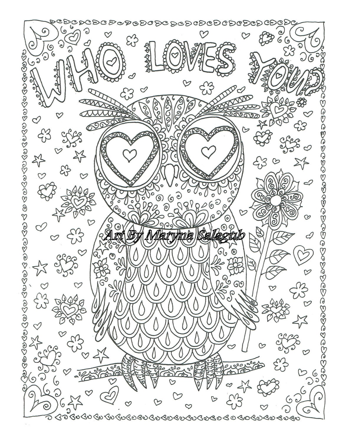 Coloring page who loves you owl love valentine's card