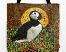 Puffin Art Beach Bag, Puffin Shoulder Bag, Summer Art Tote, Colorful ...