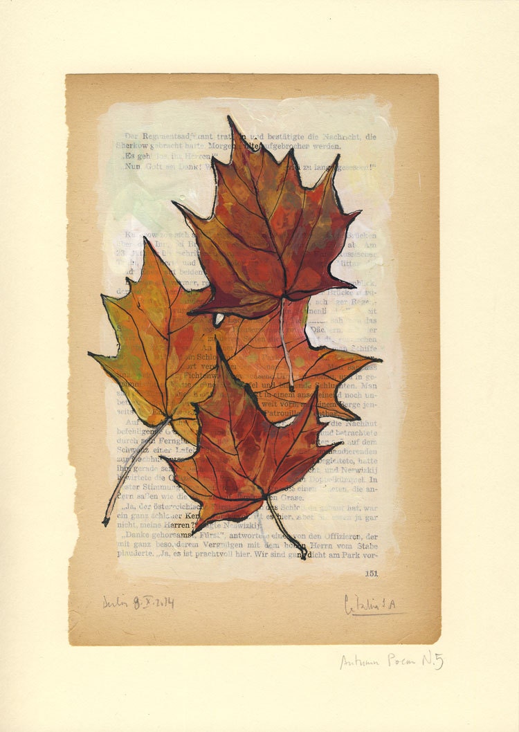 Autumn Poem 5 Maple leaves ORIGINAL painting Red Maple