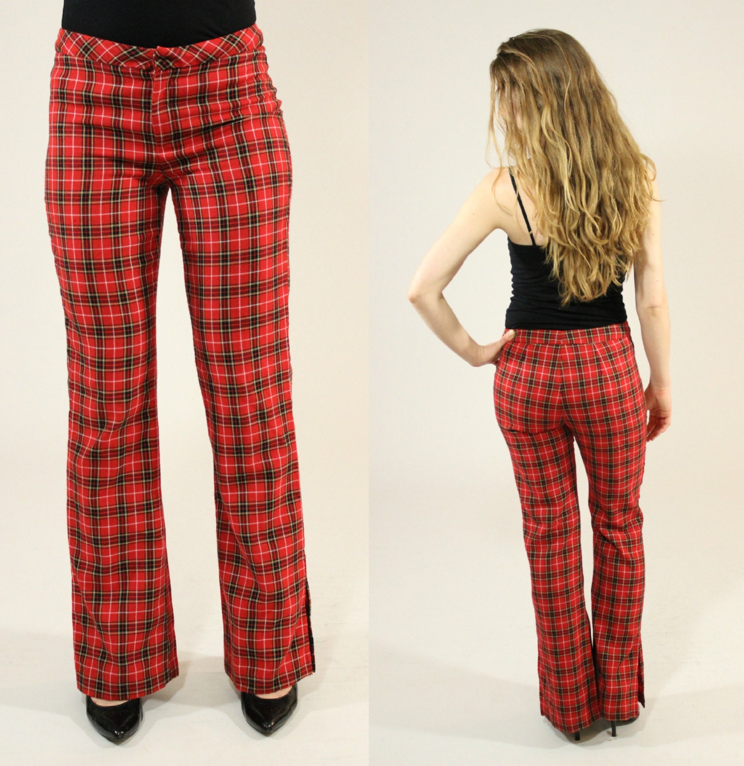 Vintage 90s Red Tartan Plaid Bell Bottom Pants with Leg Slits