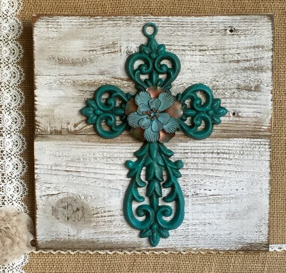 Cross Wall Hanging Hand Painted Iron Teal by DesignsbySimona