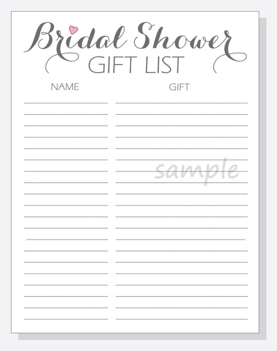 DIY Bridal Shower Gift List Printable Calligraphy Script