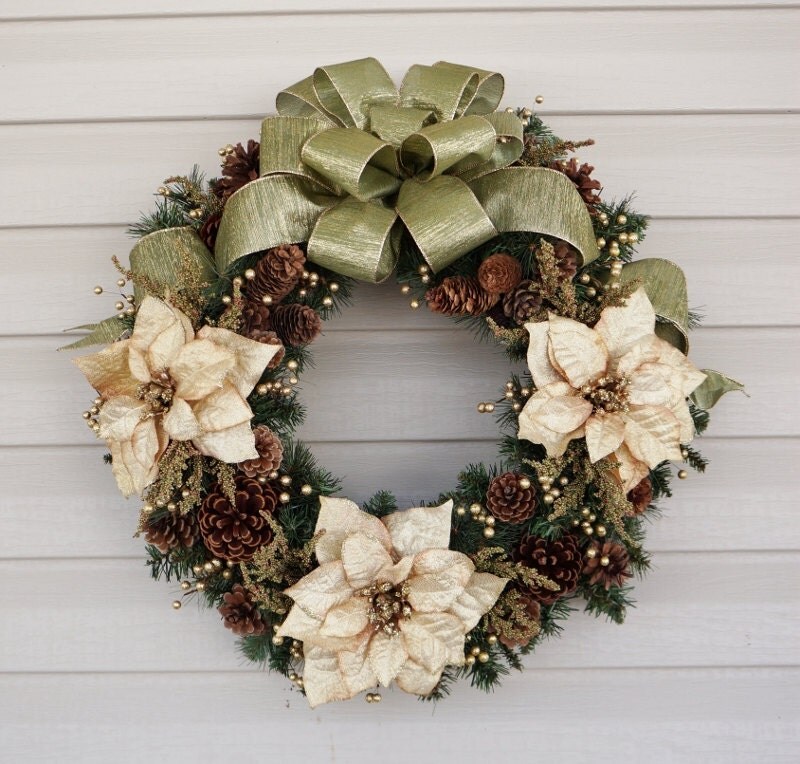 Christmas Wreath, Winter Wreath, Poinsettia Wreath, Pine Cone Wreath, Rustic Wreath, Country Wreath, Green and Gold Wreath