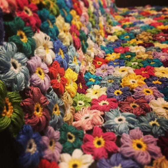 Crocheted colorful flower afghan blanket throw made to