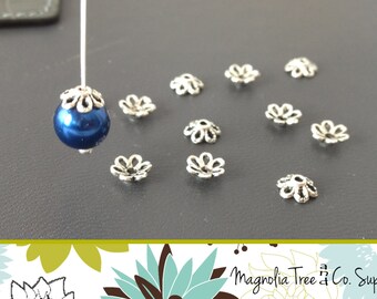 Silver Bead Caps, Flower Bead Caps, Antique Silver Bead Caps, Findings, 6mm, Fit 8-10mm Beads, 50pcs (BC560)