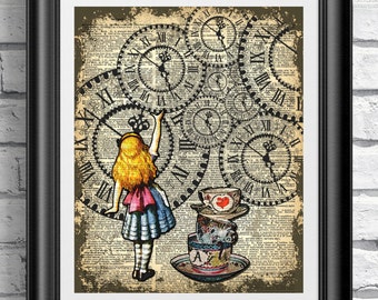 dictionary book page print alice in wonderland catching the clock art print on old book - Prints On Old Book Pages dictionary book page print alice in wonderland catching the clock art print on old book - Prints On Old Book Pages