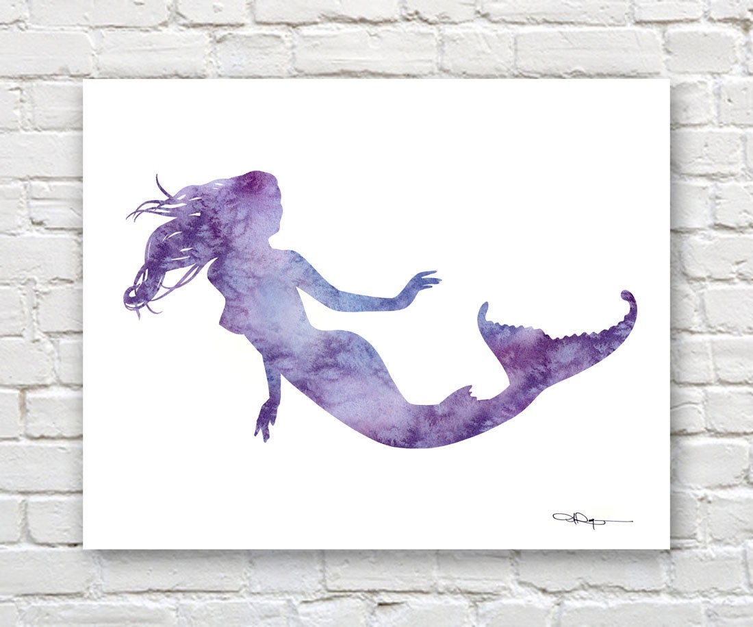 Mermaid Art Print Purple Abstract Watercolor Painting Wall