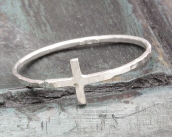 1.3 mm 925 sterling silver hammered shiny cross rings (R_00014)