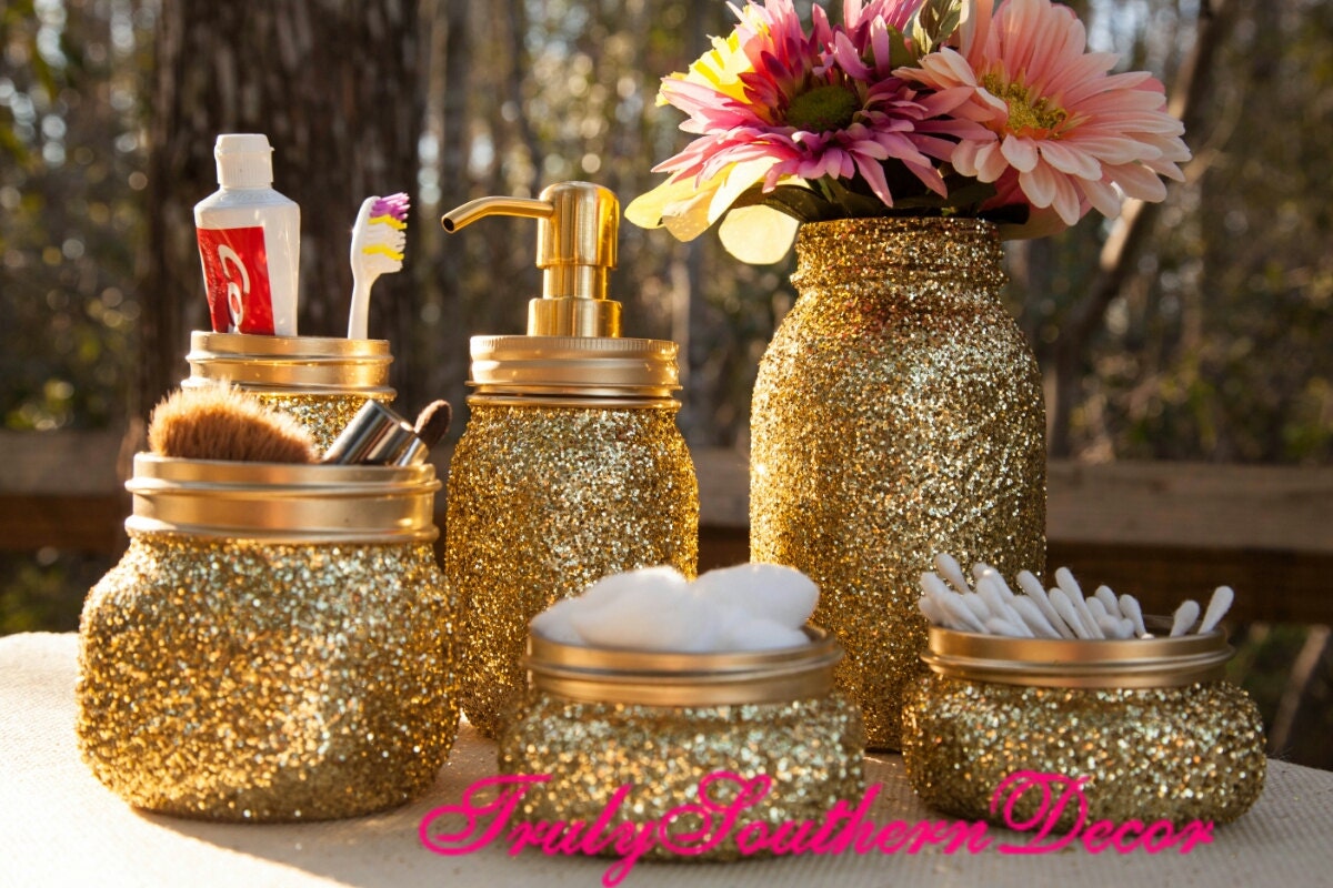 6 piece Gold glitter bathroom set. Mason Jar Bathroom Set.