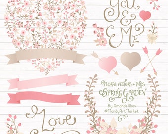 Professional Floral Heart Clipart & Vectors - Floral Heart Clip Art, Pink Floral Clipart, Wedding Clip Art, Wedding Vectors, Love Clipart
