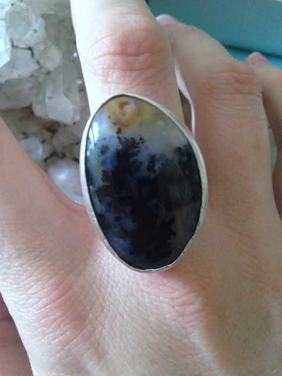 Sterling Silver and Unique Moss Agate Ring, Size 8, Unique, One of a Kind