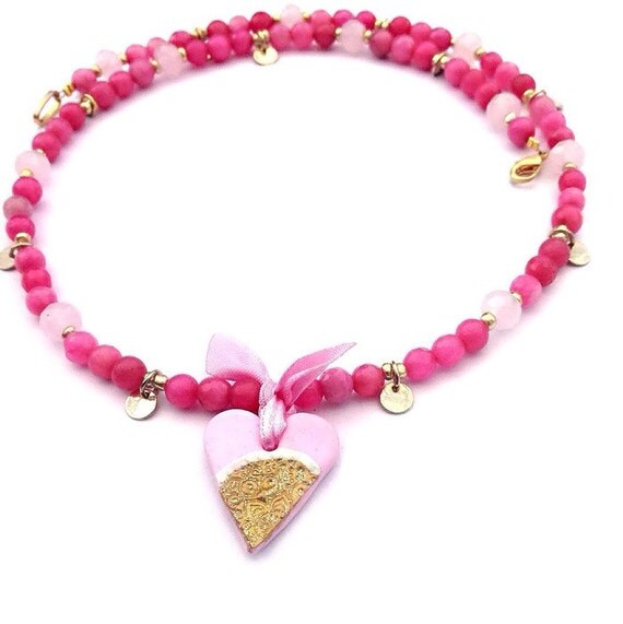 pink gold heart necklace pink wedding jewelry pink by VonFrida