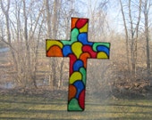 Multi color mosaic look cross window cling- hand painted decal 3.5" cross
