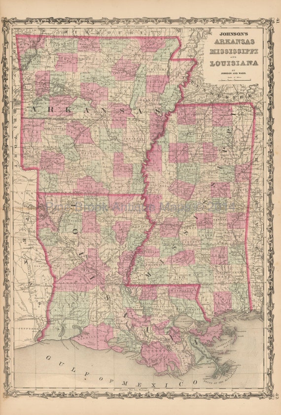 Items similar to Arkansas Louisiana Antique Map Johnson 1863 Original ...