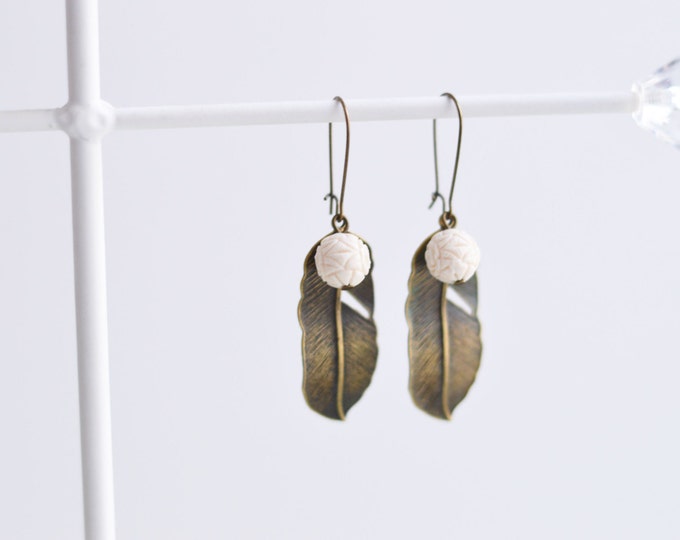 Delicate Feather // Earrings metal brass with carved coral beads // Shabby Chic, Rustic, Vintage // Best Trends 2015