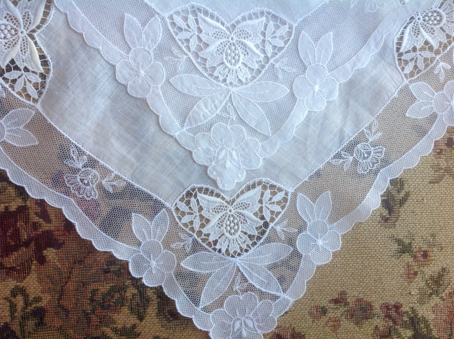 VINTAGE LACE HANDKERCHIEFS French Net Lace Embroidered Net