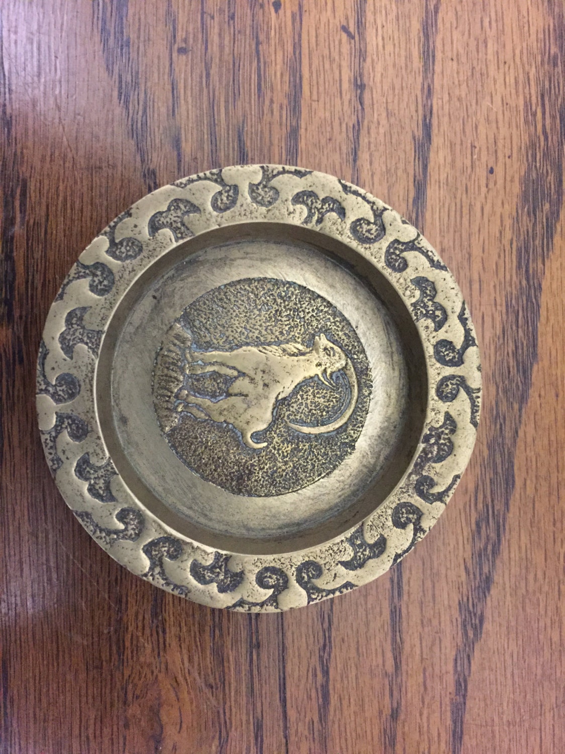 Vintage Brass Ram Engraved Trinket Dish